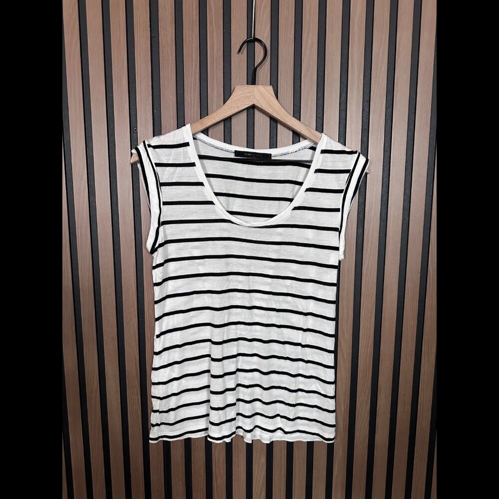 BCBG Maxazria Top Small Black White Striped Anabella Back Pinch Cap Sleeve Tank - Picture 1 of 6